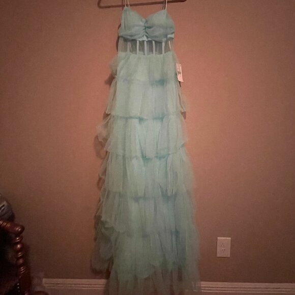 Next/UP Size 1/2, Baby Blue, Illusion Lace Corset, Tulle Ruffle Tiered Ball Gown - Picture 1 of 11